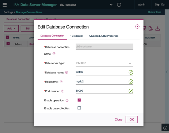 IBM Db2 Data Server Manager connecting to Db2 in containers